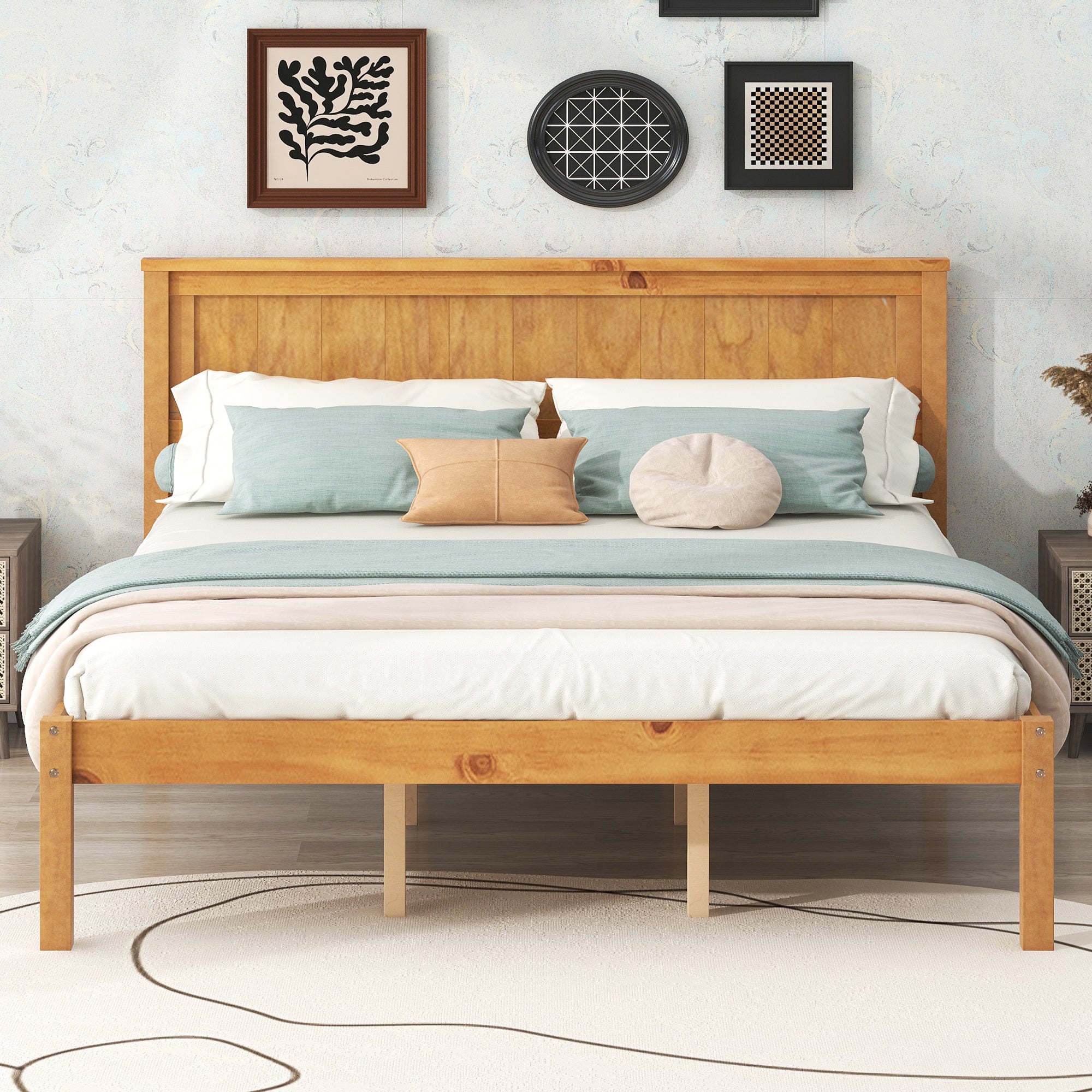 Platform Bed Frame with Headboard, Wood Slat Support, No Box Spring Needed, Queen, Oak - Atlantic Fine Furniture Melbourne FL