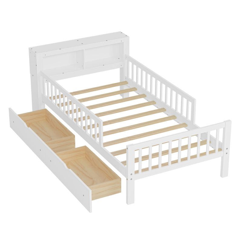 Bed With Headboard Storage Rack, 2 Under Bed Drawers, 3 Side Guardrails For Safety