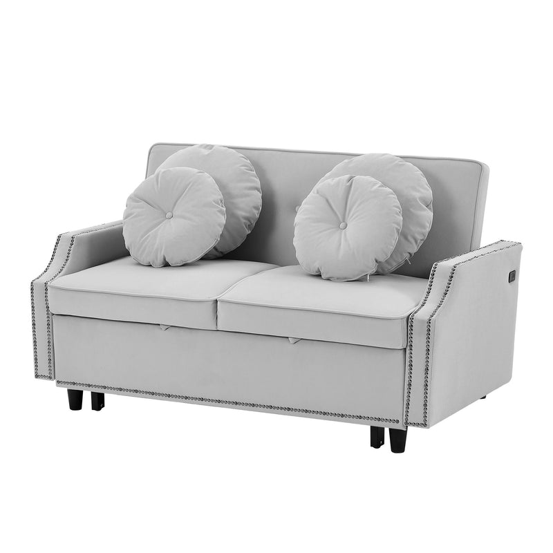 Multiple Adjustable Positions Sofa Bed Stylish Sofa Bed With A Button Tufted Backrest, Two USB Ports And Four Floral Lumbar Pillows For Living Room, Bedroom, Or Small Space