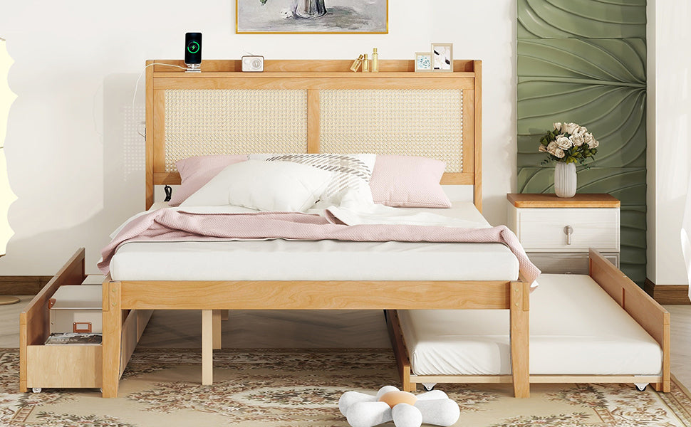 Queen Size Elegant Bed Frame with Rattan Headboard and Sockets ,Walnut - Atlantic Fine Furniture Melbourne FL