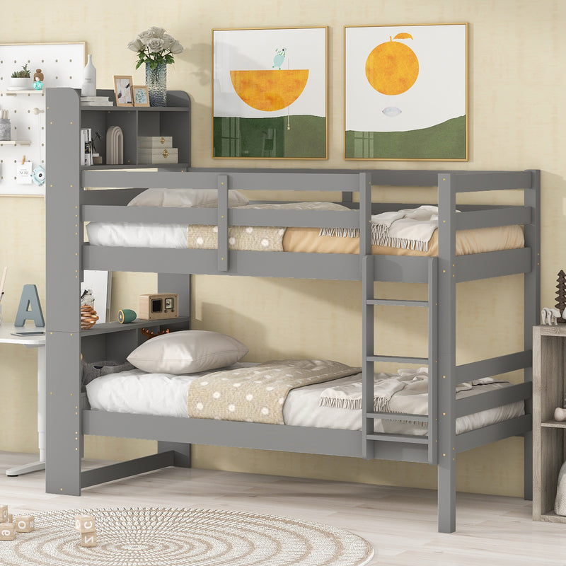 Twin Over Twin Bunk Beds with Bookcase Headboard, Solid Wood Bed Frame with Safety Rail and Ladder, Kids/Teens Bedroom, Guest Room Furniture, Can Be converted into 2 Beds, Grey