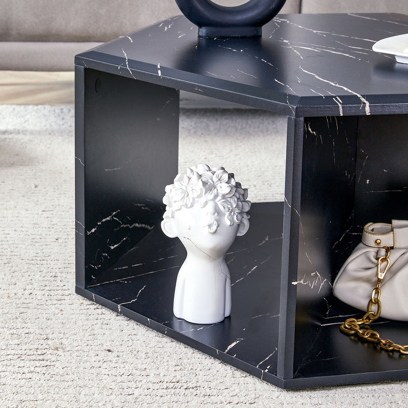 Hexagonal Coffee Table With Characteristic Pattern Stickers And Multi-Hole Design For Extra Storage