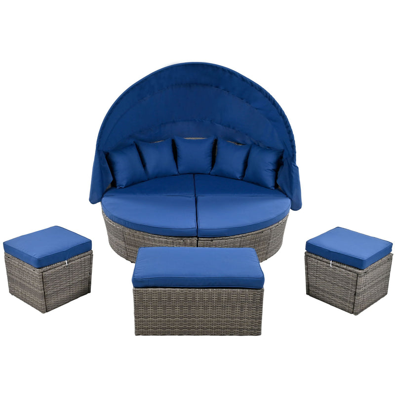 Outdoor Rattan Daybed Sunbed With Retractable Canopy Wicker Furniture, Round Outdoor Sectional Sofa Set - Black Wicker Furniture Clamshell Seating With Washable Cushions, Backyard, Porch