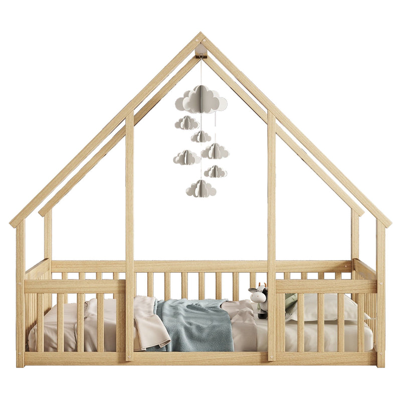 Wood House-Shaped Floor Bed With Fence, Guardrails