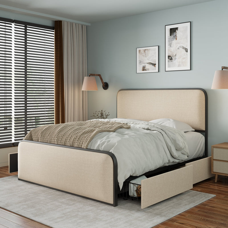 Modern Metal Bed Frame with Curved Upholstered Headboard and Footboard Bed with 4 Storage Drawers, Heavy Duty Metal Slats, Full Size, Beige