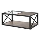Industrial Style Coffee Table For Bedroom & Living Room With Tempered Glass & Wood Grain - Wood