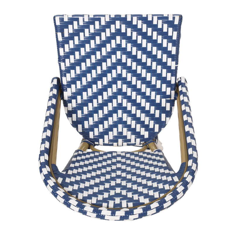 Outdoor Rattan French Barstool Set,, Bamboo, Seat Height - Navy Blue / White