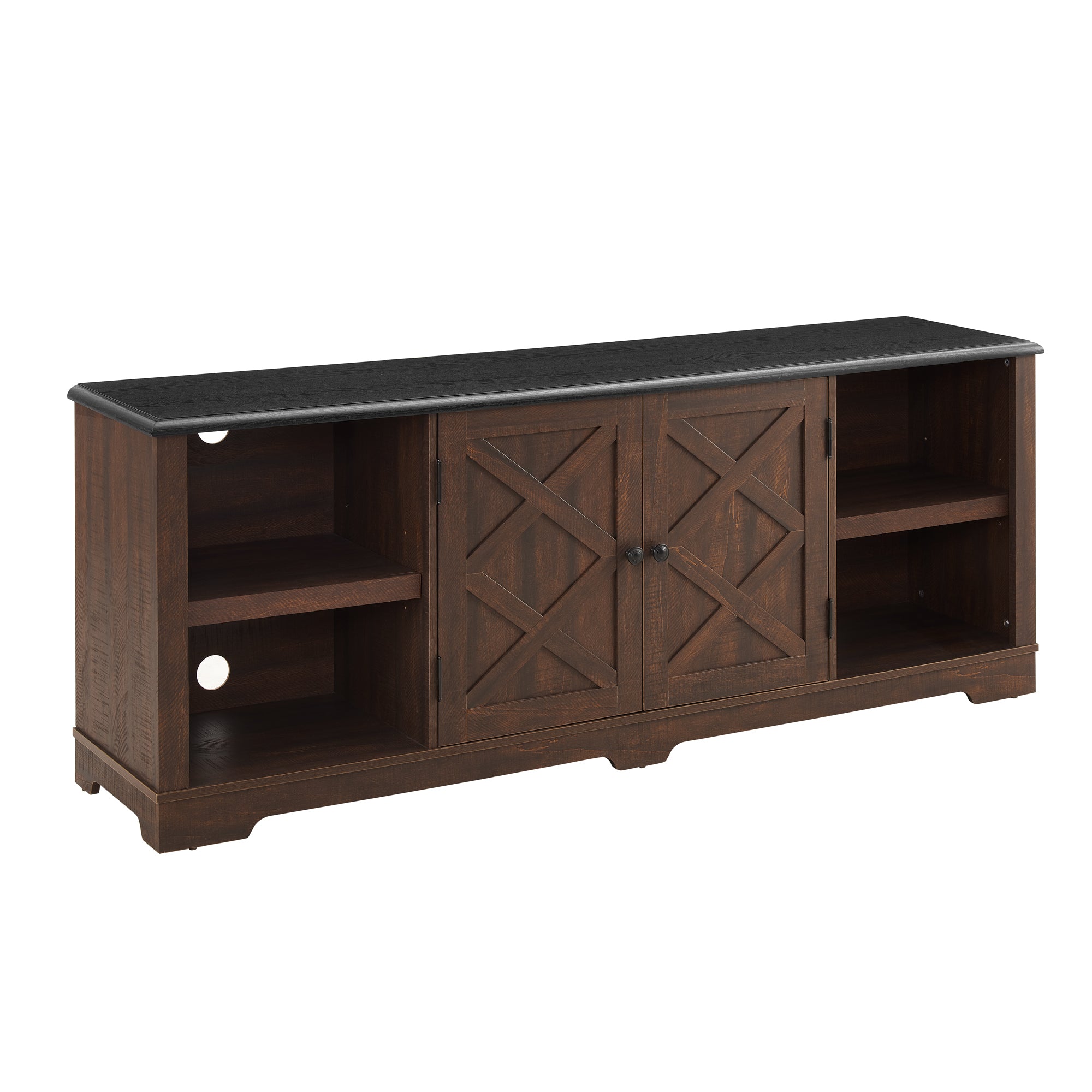 Modern Farmhouse TV Media Stand, Large Barn Inspired Home Entertainment Console, for TV Up to 80'', with Open Shelves and Closed Cabinets, Espresso and Black, 70"W*15.55"D*26.89"H