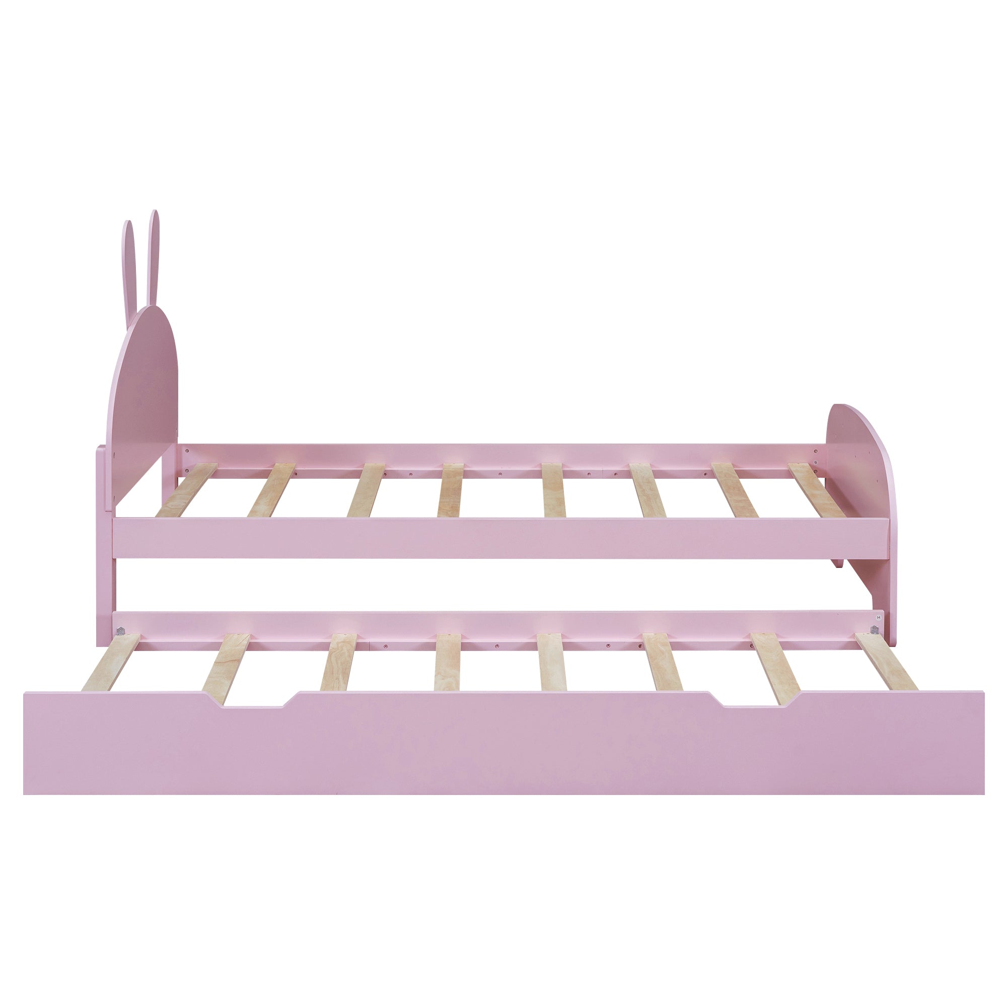 Wood Twin Size Platform Bed with Cartoon Ears Shaped Headboard and Trundle, Pink - Atlantic Fine Furniture Melbourne FL