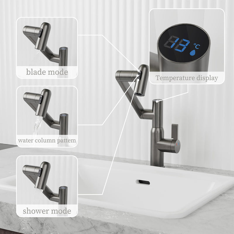 Bathroom Sink Faucet With Spray Function, Temperature Display, Anti Skid Switch, Hot & Cold, 360 Degree Rotary, Brass - Gun Gray