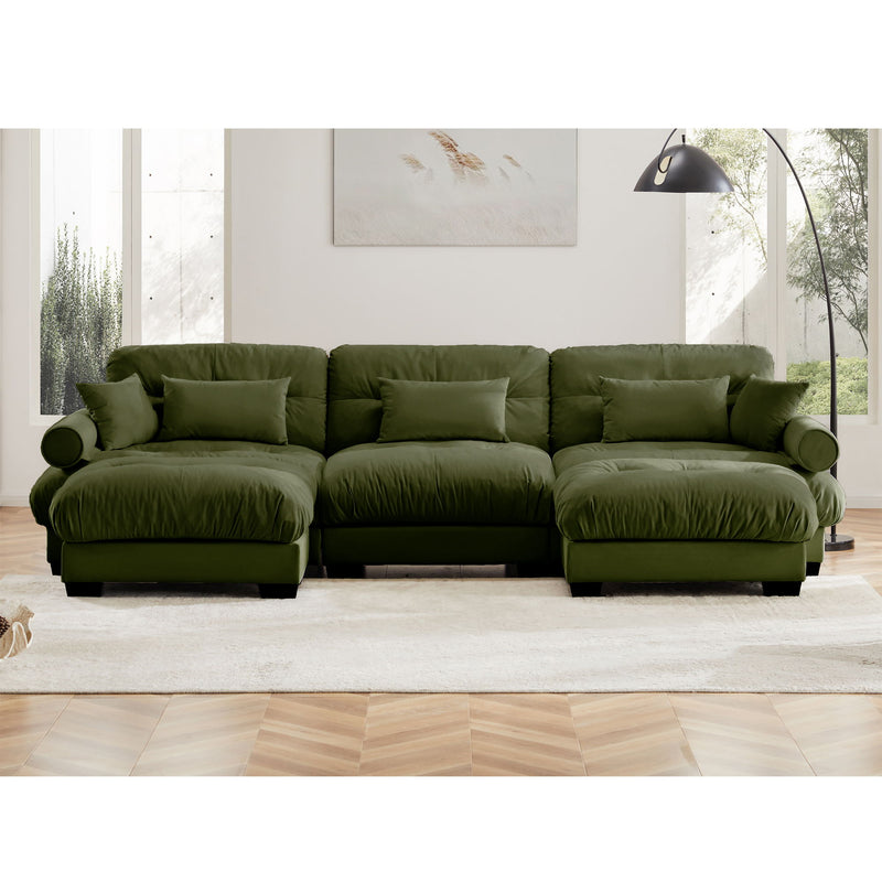 Modern Sectional Sofa With Ottoman, Round Bolster Armrests, Waist And Throw Pillows