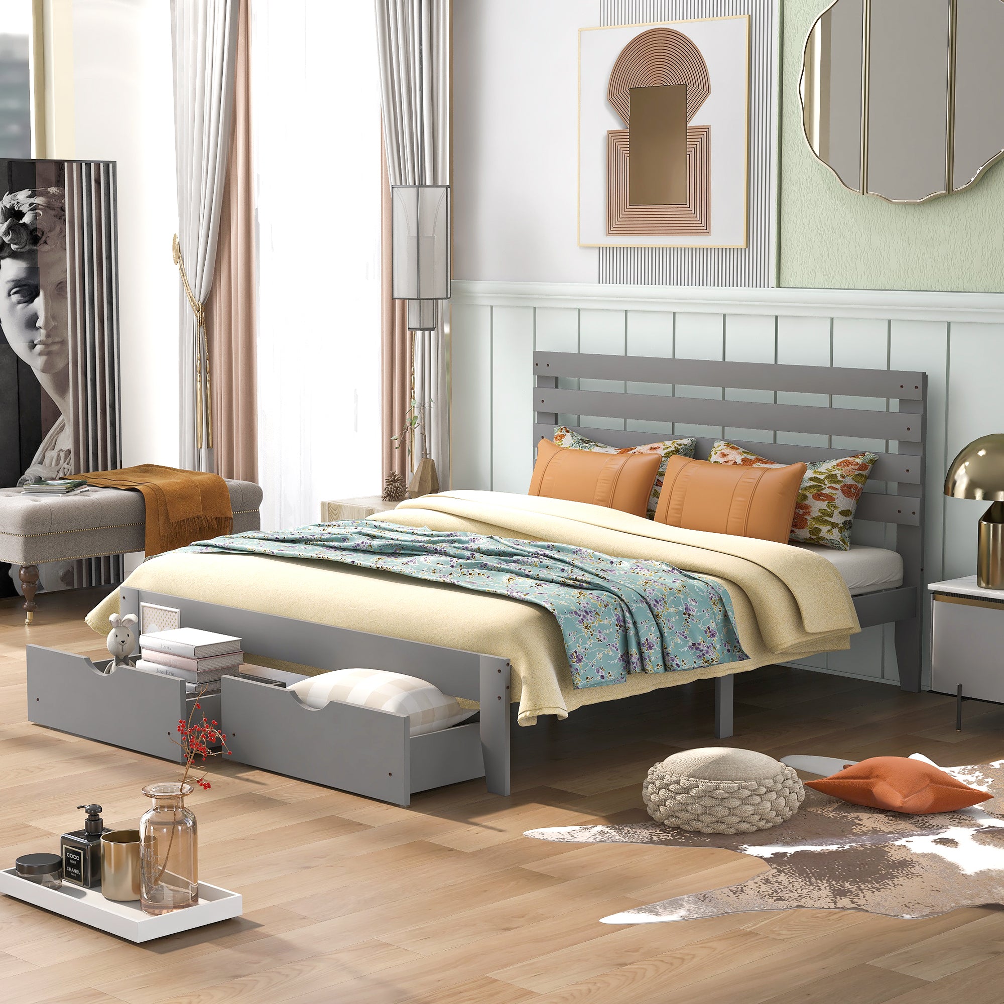 Queen Size Platform Bed with Drawers, Gray(New SKU:WF288469AAE) - Atlantic Fine Furniture Melbourne FL
