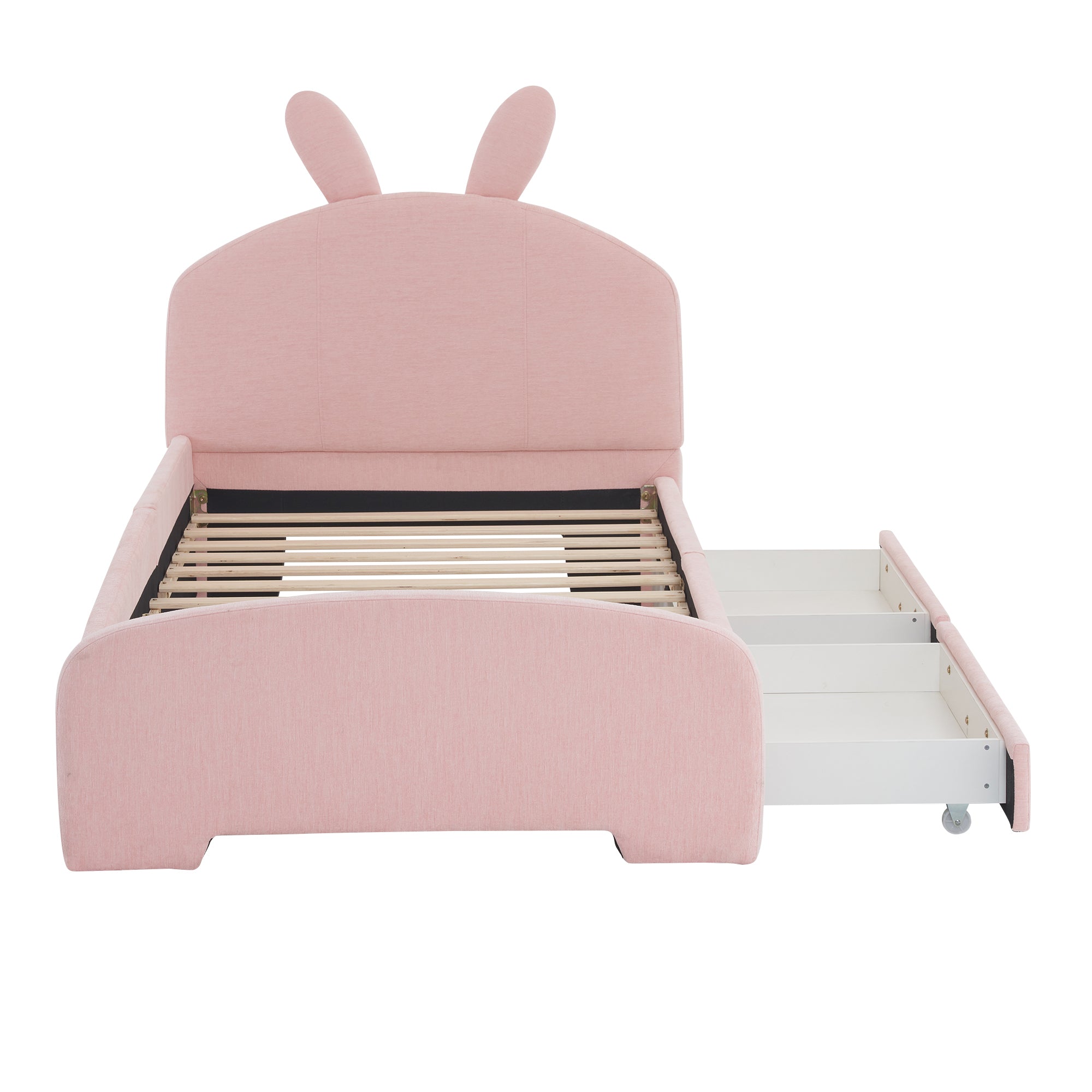 Twin Size Upholstered Platform Bed with Cartoon Ears Shaped Headboard and 2 Drawers, Pink - Atlantic Fine Furniture Melbourne FL
