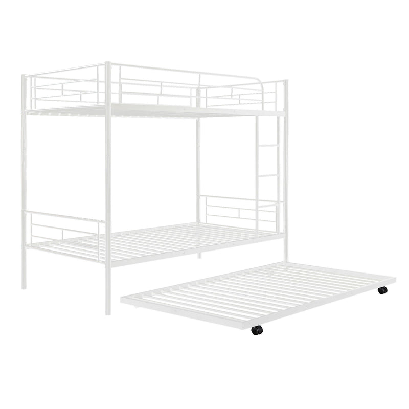 Twin Over Twin Metal Bunk Bed With Trundle, Can Be Divided Into Two Beds, No Box Spring Needed - White