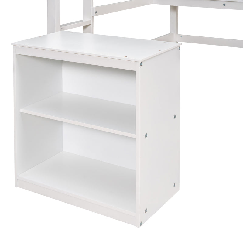 Full size Loft Bed with Desk and Writing Board, Wooden Loft Bed with Desk & 2 Drawers Cabinet- White