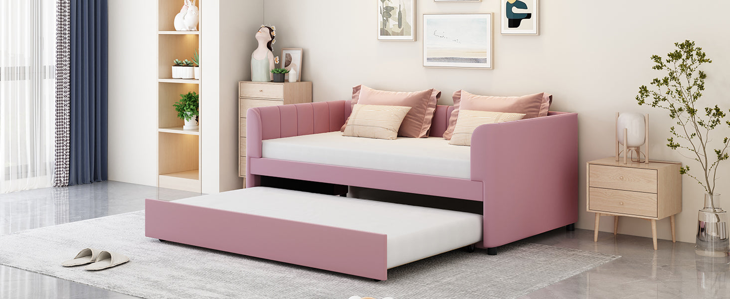 Twin Size Upholstered Daybed with Ergonomic Design Backrest and Trundle, Pink - Atlantic Fine Furniture Melbourne FL