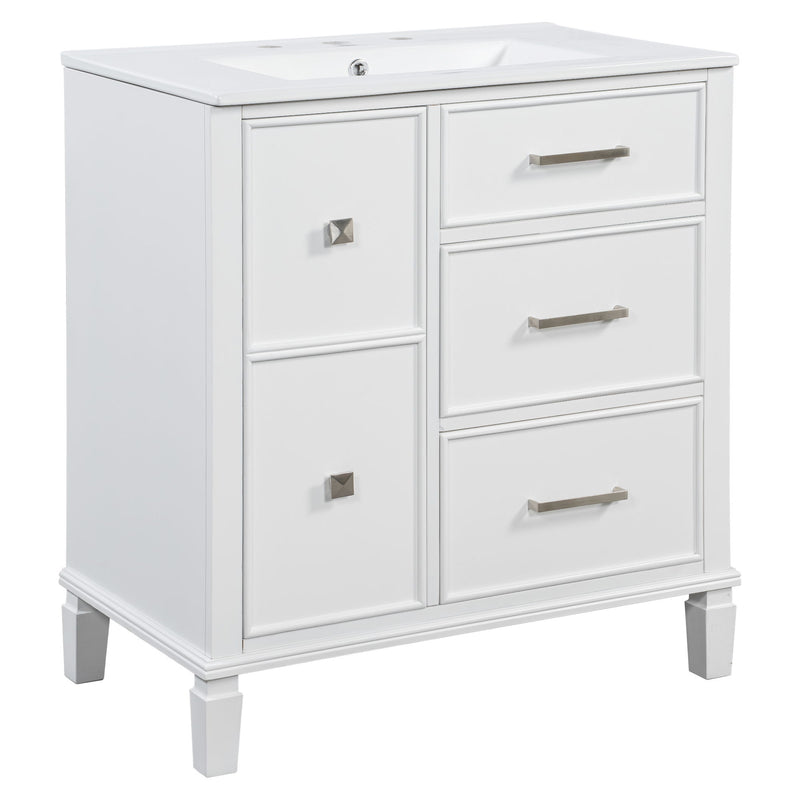 Bathroom Vanity With Ceramic Sink, Flip Out Drawer Design For Plumbing, Soft Close Drawers