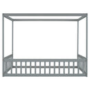 Full Size Canopy Frame Floor Bed with Fence, Guardrails,Grey