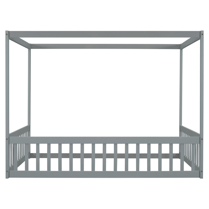 Full Size Canopy Frame Floor Bed with Fence, Guardrails,Grey
