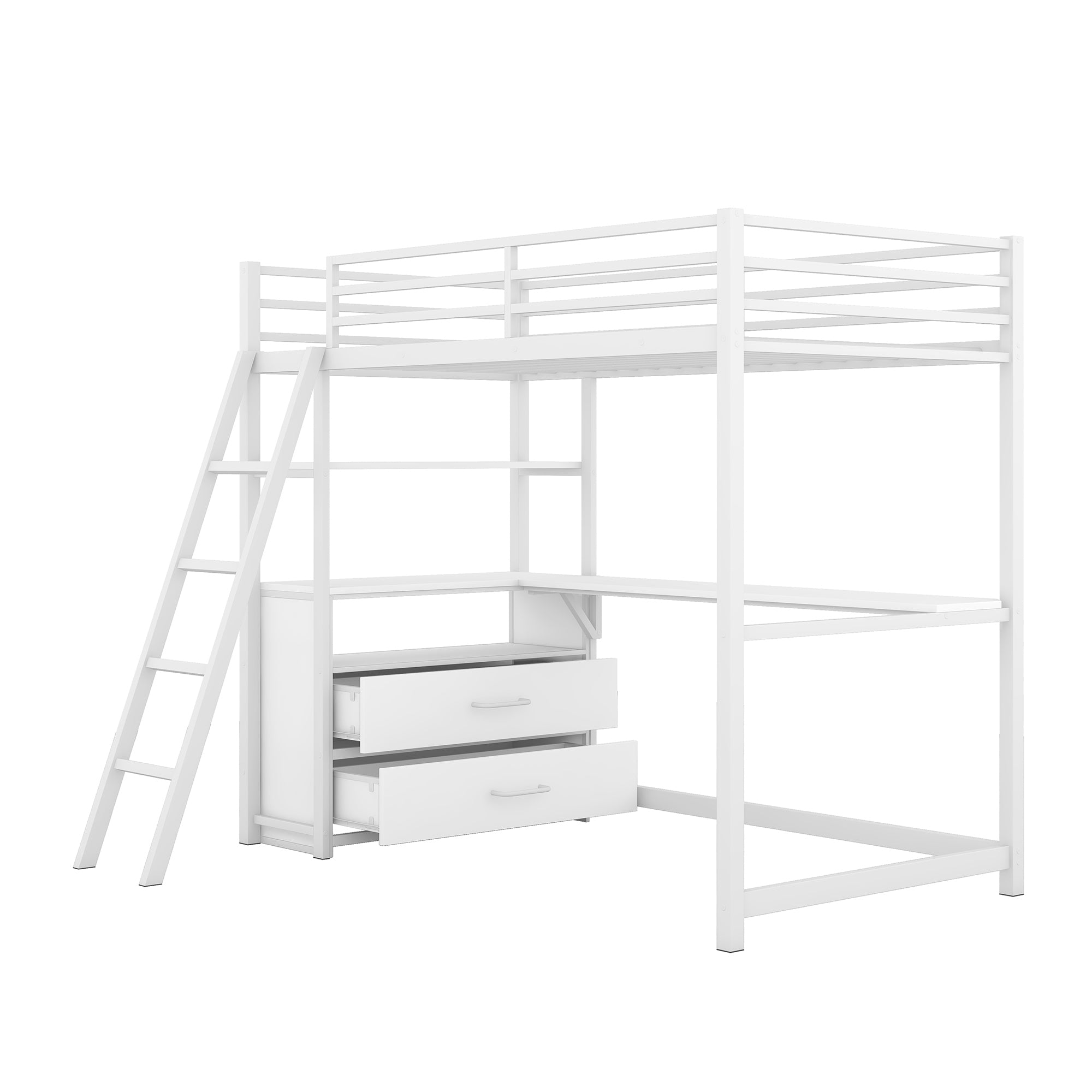 Twin Size Metal&Wood Loft Bed with Desk and Shelves, Two Built-in Drawers, White - Atlantic Fine Furniture Melbourne FL
