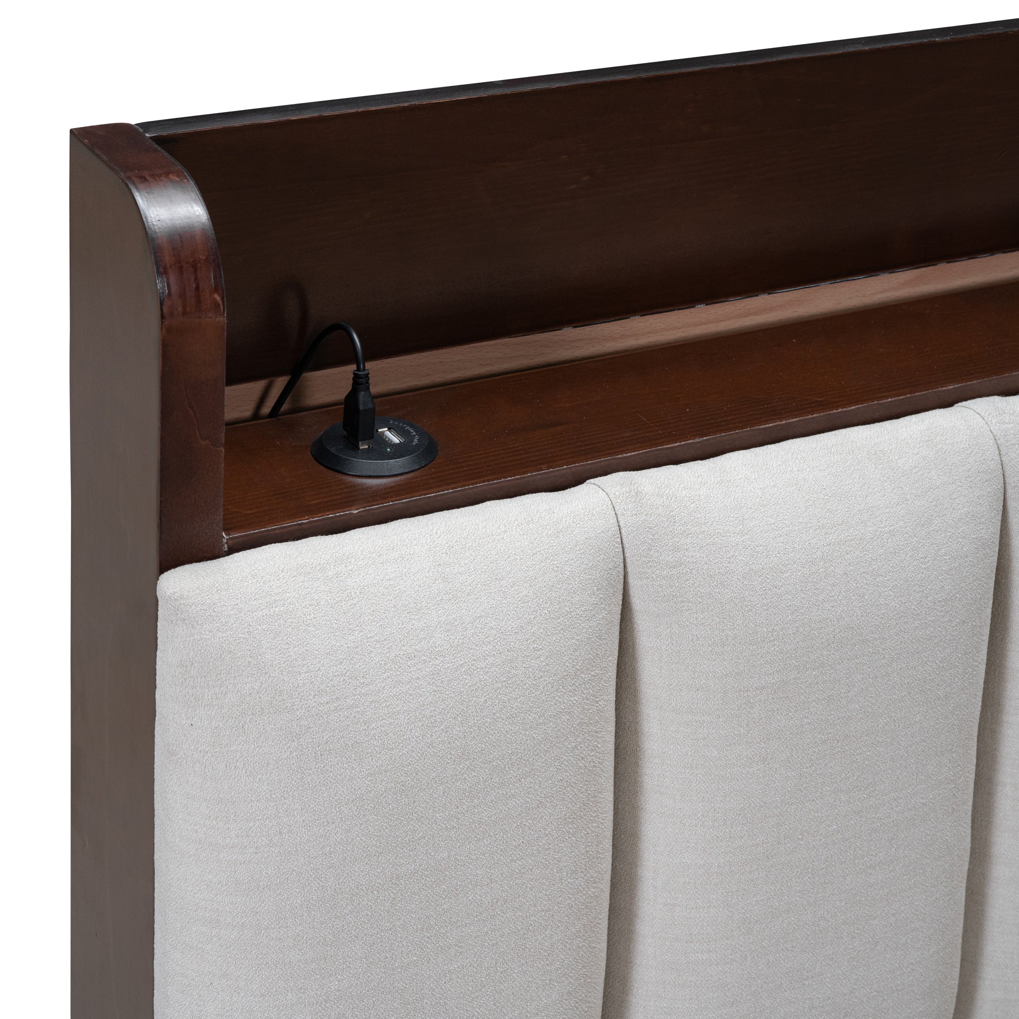 Full size Platform Bed with USB Charging Station and Storage Upholstered Headboard,LED Bed Frame,No Box Spring Needed,Walnut+Beige - Atlantic Fine Furniture Melbourne FL