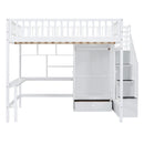 Full size Loft Bed with Bookshelf,Drawers,Desk,and Wardrobe-White