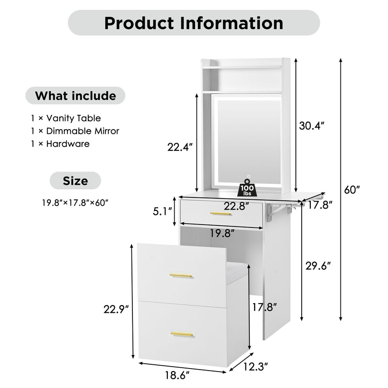 Small Vanity Desk With Mirror And Light, Dressing Table With Charging Station & Fold Up Panel For Small Space, Compact Makeup Vanity Set With Hidden Stool For Bedroom - White