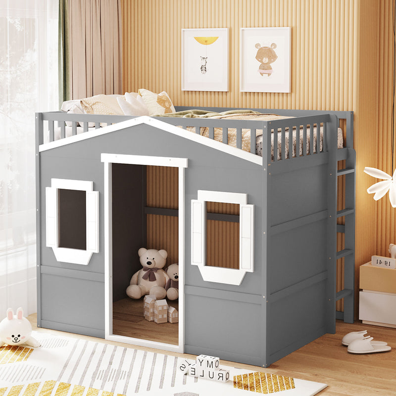 Full Size House Loft Bed With Ladder-Gray+White Frame