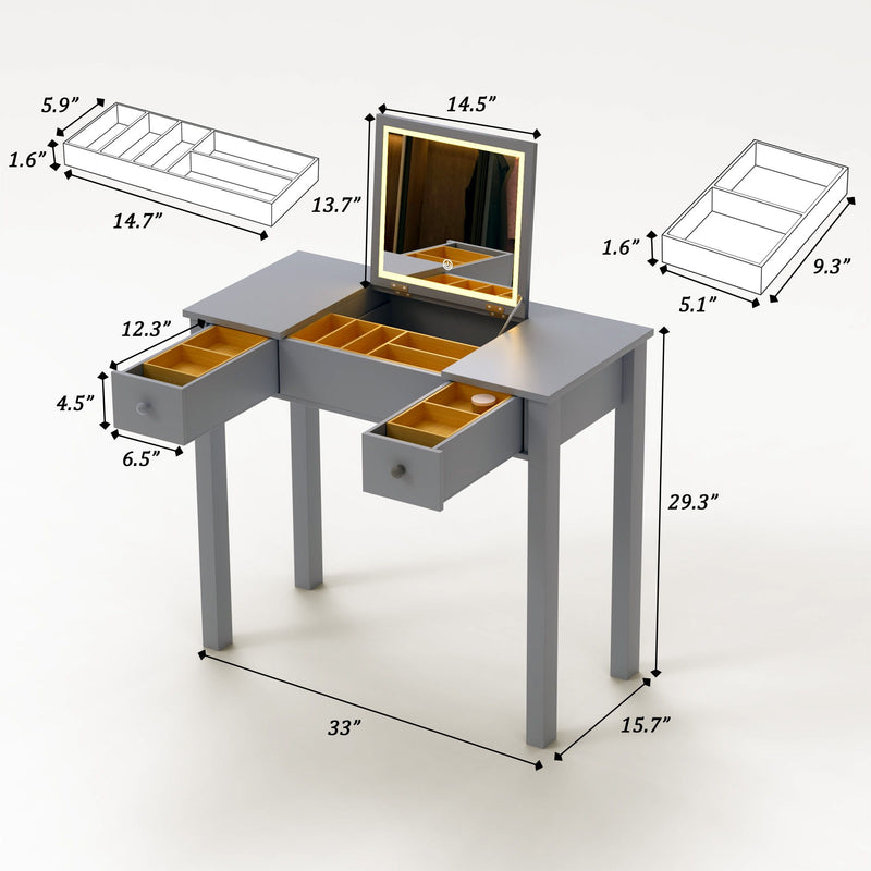 Vanity Table With LED Lights, Flip-Top Mirror And 2 Drawers, Jewelry Storage