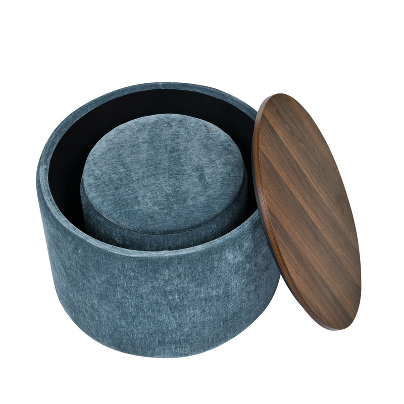 Classic 2 Piece Round Storage Ottoman Set With Drum Shaped Stool