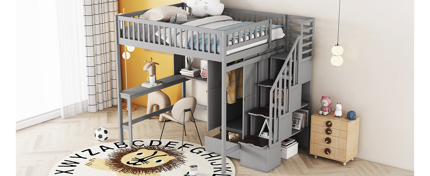 Full size Loft Bed with Bookshelf,Drawers,Desk,and Wardrobe-Gray - Atlantic Fine Furniture Melbourne FL