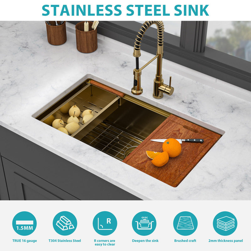 Gold Stainless Steel Undermount Kitchen Sink 36 X 19 X 9" 16 Gauge Deep Workstation Sink With Cutting Board And Accessories