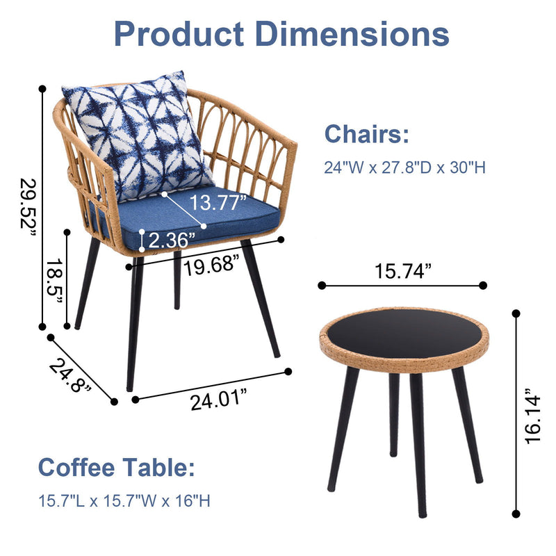 3 Piece Patio Bistro Set With Side Table, Outdoor PE Rattan Conversation Chair Set, Furniture Of Coffee Table With Glass Top, Cushions & Lumbar Pillows For Garden, Backyard, Balcony Or Poolside - Boho Blue