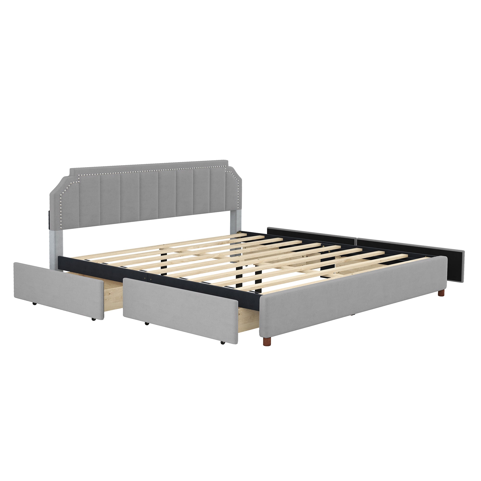 King Size Upholstery Platform Bed with Four Storage Drawers,Support Legs,Grey - Atlantic Fine Furniture Melbourne FL