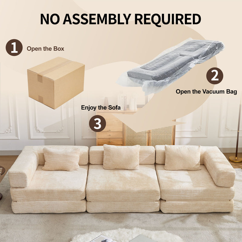 Convertible Floor Sofa Bed With Fixed Shape Frame, Boneless Modular Sectional Sofa, For Living Room - Beige