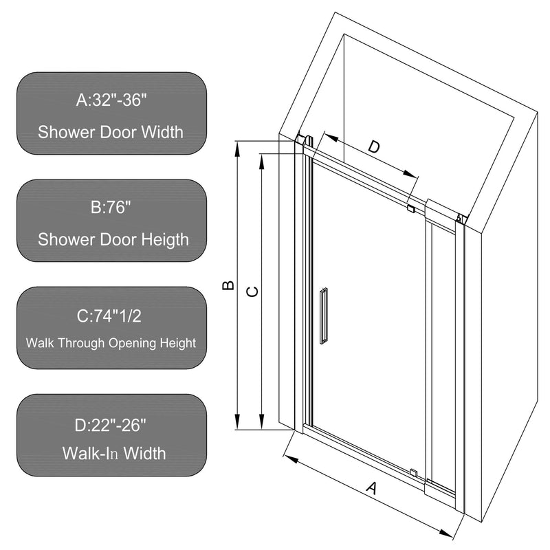 Scalable - Shower Door With 1 / 4" Clear Tempered Glass And Aluminium Alloy Frame - Matte Black