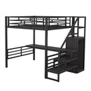 Full Size Metal Loft Bed with Desk, Storage Staircase and Small Wardrobe, Storage stairs can be installed left and right,Black