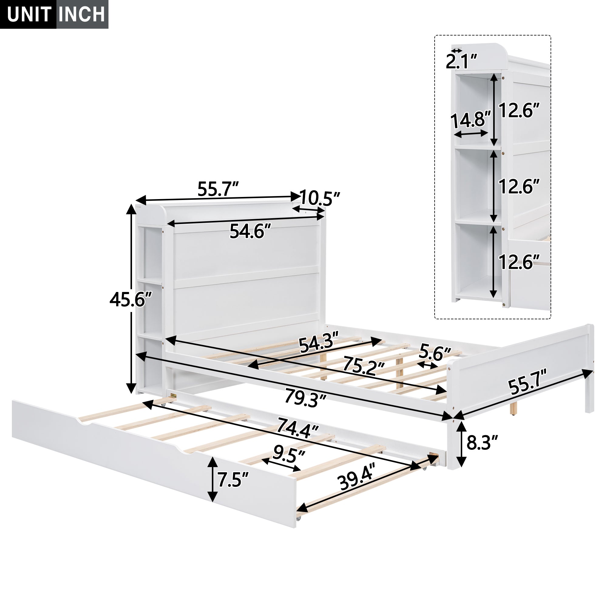 Full Size Platform Bed with Storage Headboard and Twin Size Trundle, White - Atlantic Fine Furniture Melbourne FL