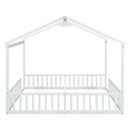 Double Twin House-Style Floor Bed with Fence, Guardrails, without door, White