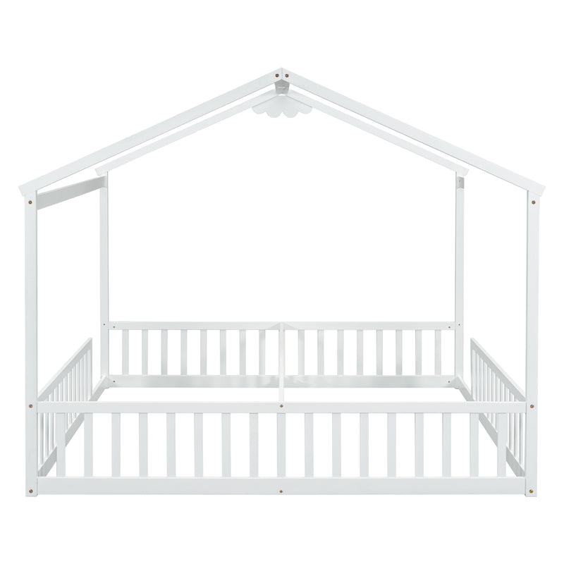 Double Twin House-Style Floor Bed with Fence, Guardrails, without door, White