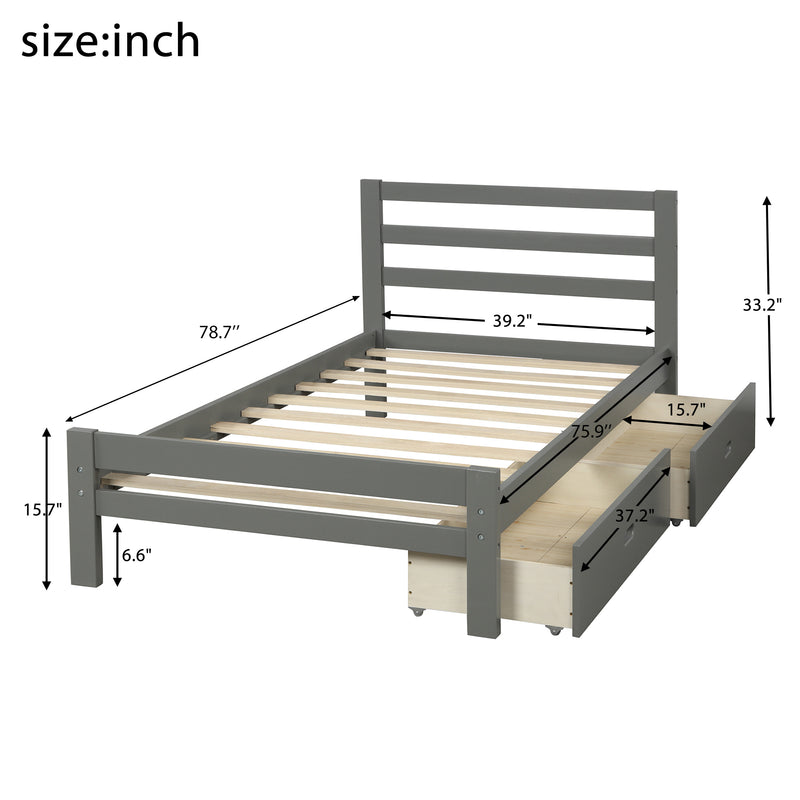 Wood platform bed with two drawers, twin (gray)