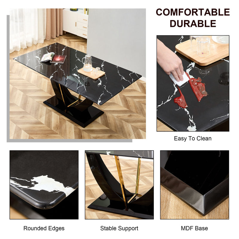 Modern Minimalist Luxurious Imitation Marble Dining Table Rectangular Office Desk With Tempered Glass - Black