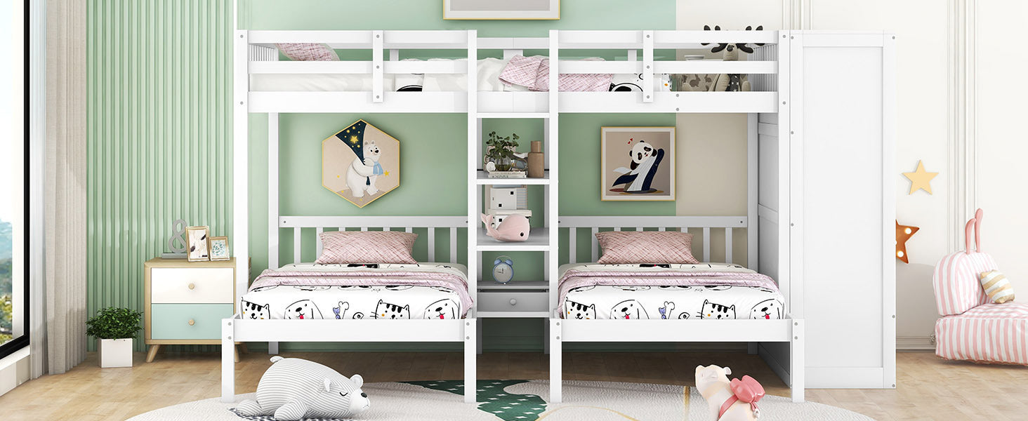 Full-Over-Twin-Twin Bunk Bed with Shelves, Wardrobe and Mirror, White - Atlantic Fine Furniture Melbourne FL