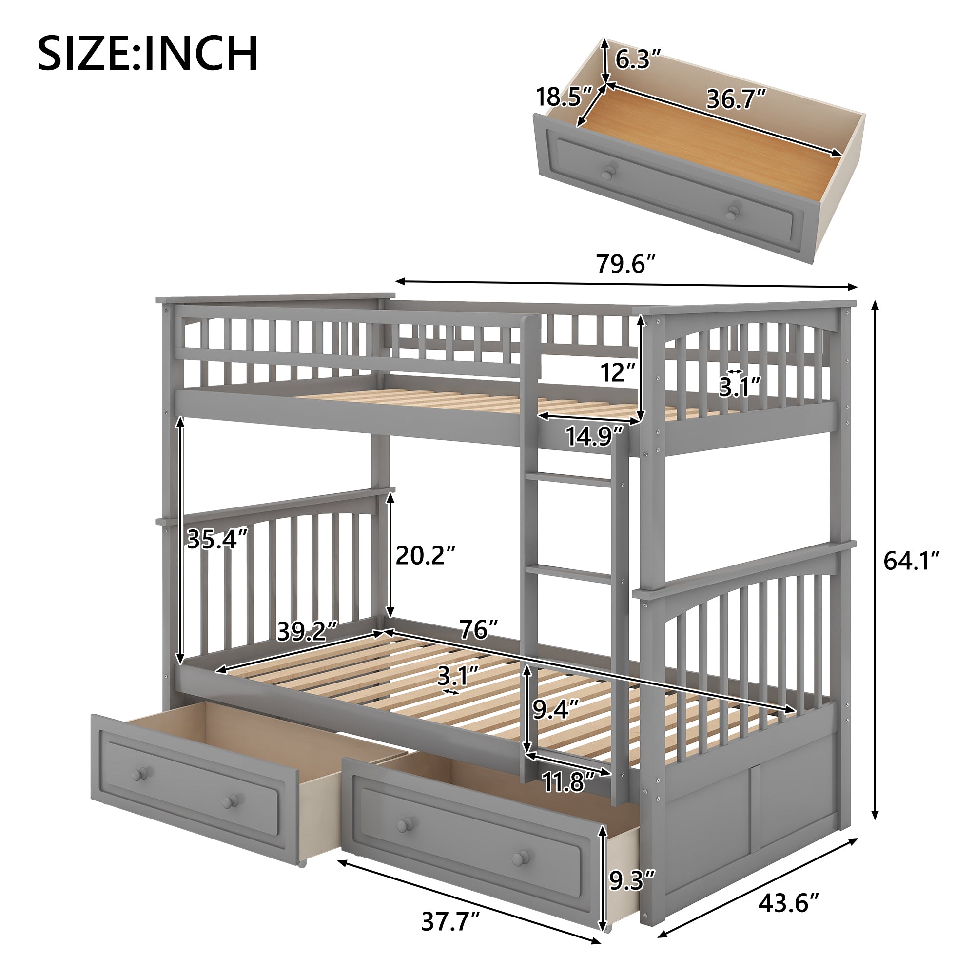 Twin over Twin Bunk Bed with Drawers, Convertible Beds, Gray(Old SKU: SM000240AAE-1) - Atlantic Fine Furniture Melbourne FL