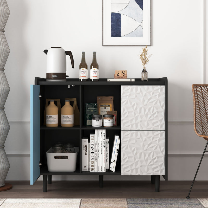 Modern Sideboard Buffet Cabinet With Red Doors And Unique Panel Styling