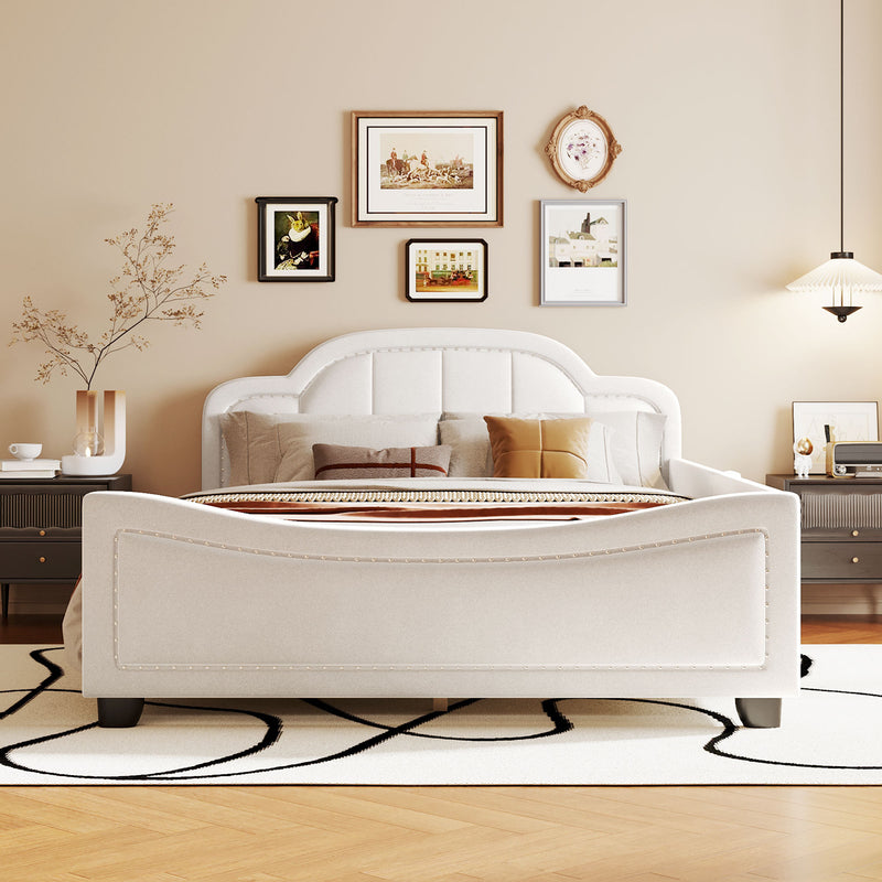 Full Size Upholstered Daybed with Cloud Shaped Headboard, Embedded Elegant Copper Nail Design, Beige