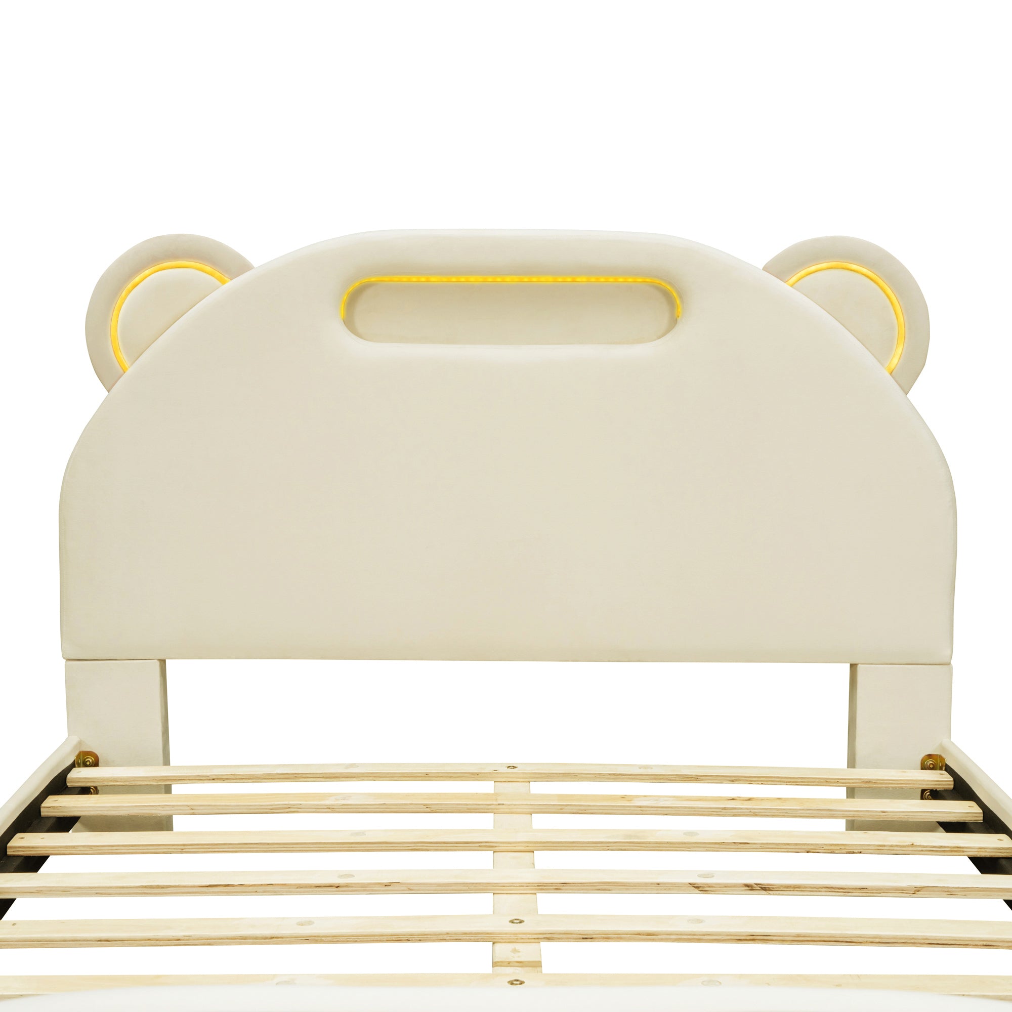 Full Size Upholstered Platform Bed with Bear-Shaped Headboard and Embedded Light Stripe, Velvet, Beige - Atlantic Fine Furniture Melbourne FL