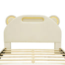 Full Size Upholstered Platform Bed with Bear-Shaped Headboard and Embedded Light Stripe, Velvet, Beige