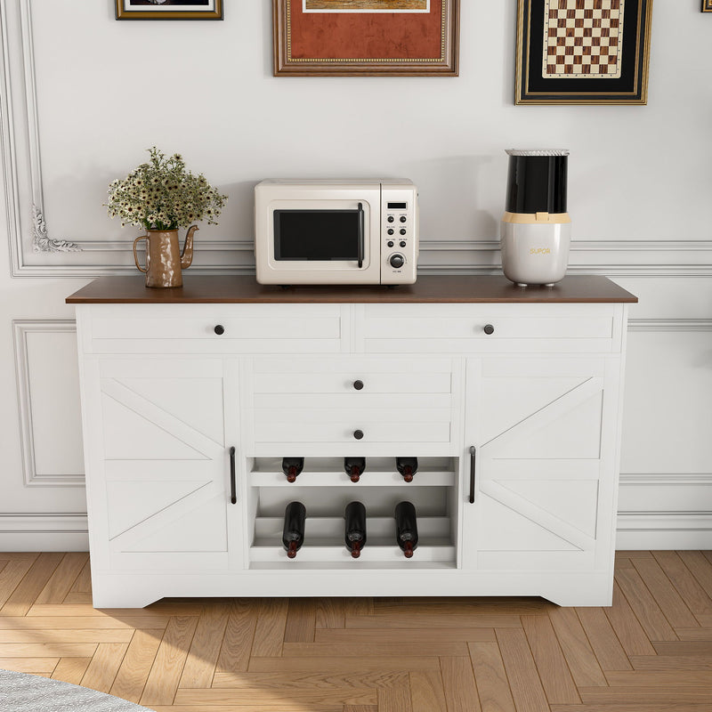 Rustic Farmhouse Kitchen Island With Storage Cabinet, Wood Top Breakfast Bar - White