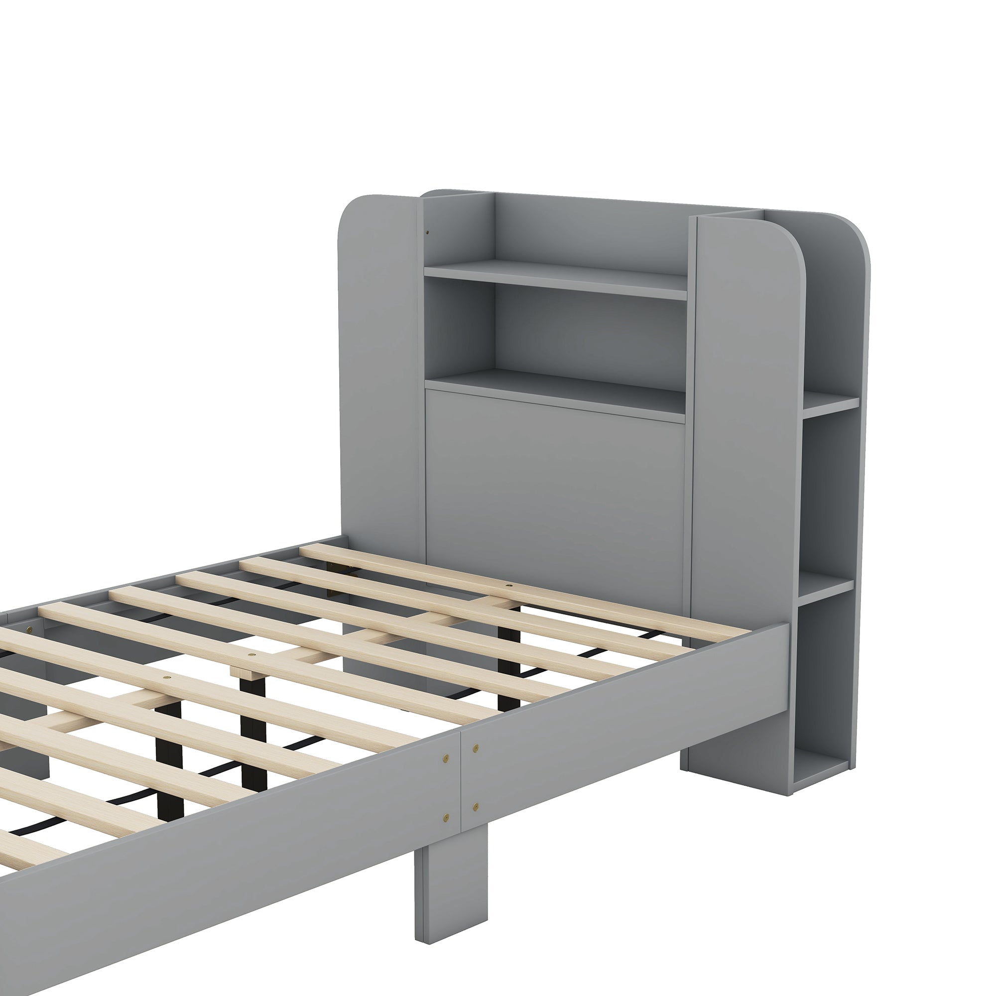 Twin Size Platform Bed with Storage Headboard,Multiple Storage Shelves on Both Sides,Grey - Atlantic Fine Furniture Melbourne FL